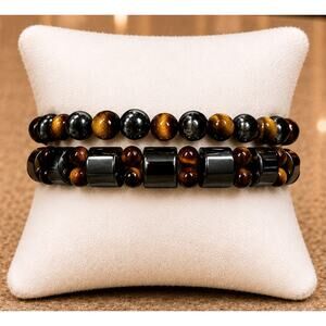 2 pc Double Protection Bracelets Tiger Eye Stone Obsidian Unisex